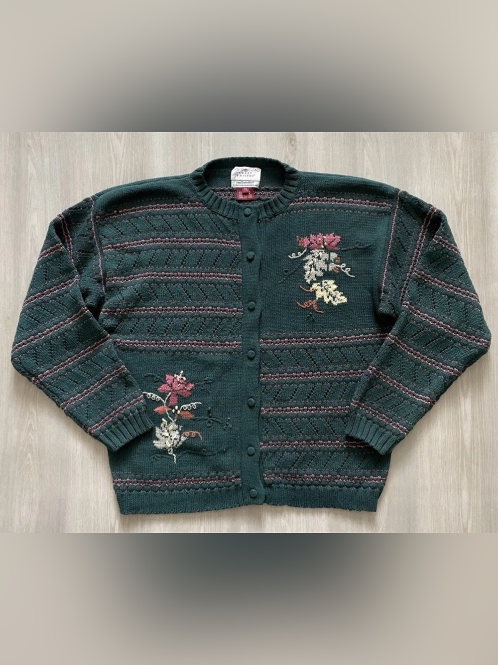 Vintage Susan Bristol Green Floral Button Cardigan Hand-knit Sweater
Womens M